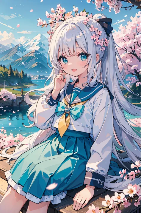 (masterpiece),  landscape,  mountain horizon,  Cherry blossoms,  petal,  light particles,  Upper body,  1 girl,  sailor,  curls,  Floating hair,  Smile,  sitting,  open mouth,  light particles,  silver hair,  aqua eyes,  looking at the audience,  Face focu...