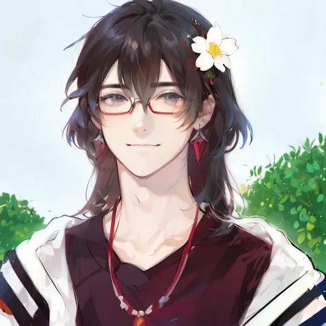 casual clotheodern coordination、Man with glasses、red earrings、white flower hair ornament、magic effect、spring sunshine、Red-bordered glasses