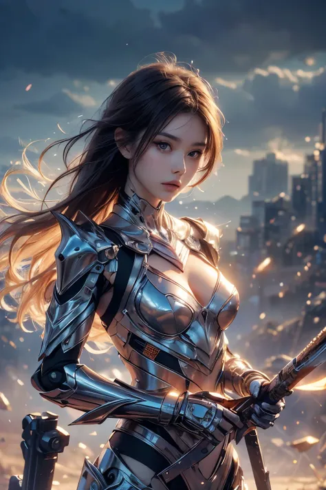 (((masutepiece))), (((Best Quality))), ((Ultra-detailed)), (extremely detailed photo), ((extremely delicate and beautiful)),(Cute delicate face),here is a digital art of a very futuristic looking female that has armor and weapons, 1girl, weapon, solo, scie...