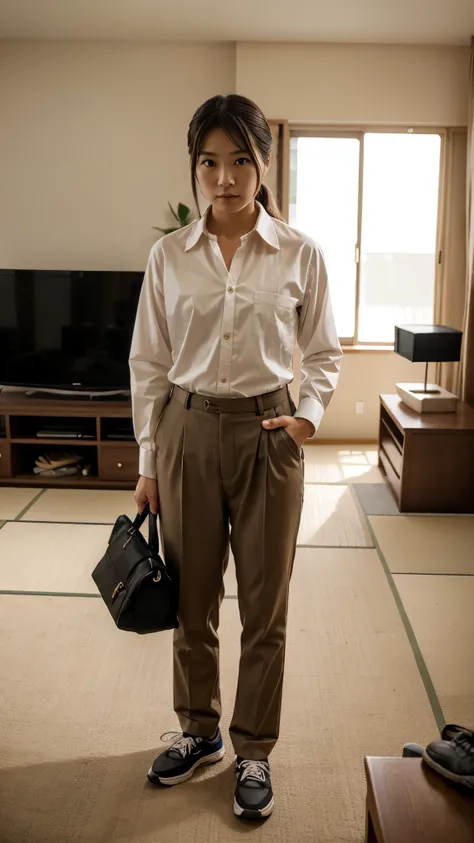 A Japanese girl crossdressing as a middle age man wearing a mans suit, shirt, pants, and shoes standing masculinely in the living room with assertive expression, she is facing to the camera.