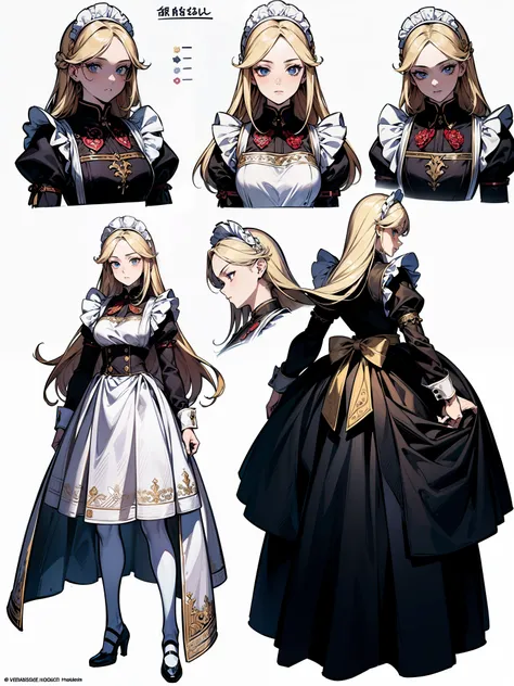 ((masterpiece)),(((best quality))),(character design sheet,same characters,front,side,back), 1 girl, alone,long blonde hair,(((w...