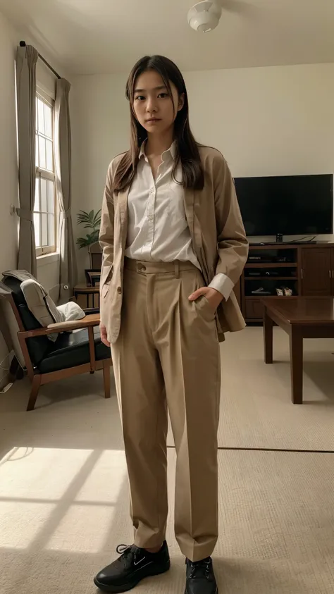 A 17 years old Japanese girl crossdressing as a middle age man wearing a mans suit, shirt, pants, and shoes standing masculinely in the living room with assertive expression, she is facing to the camera.