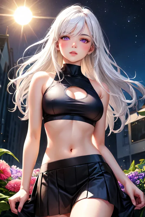 realistic, 1girl, white hair, purple eyes, glowing eyes, crop top, skirt, parted lips, blush, night, flowers, sun, sunlight