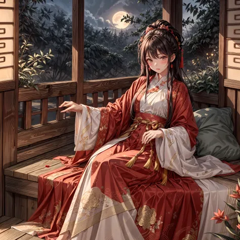 (ridiculous, super detailed), (1 girl: 1.3), (alone, hand painted, simple lines, 16-year-old girl wears red hanfu, lying in bed ...