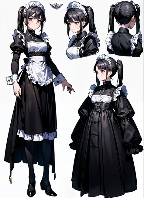 ((masterpiece)),(((best quality))),(character design sheet,same characters,front,side,Back), 1 girl, alone,high twintails,long black hair,(((White maid outfit))),Strong leadership character,,Retro art style,masterpiece,best quality,top quality,super high ,...