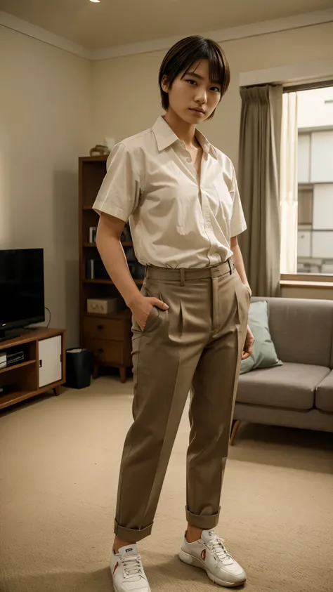 A 17 years old short haired Japanese girl crossdressing as a middle age man wearing a mans suit, shirt, pants, and shoes standing masculinely in the living room with assertive expression, she is facing to the camera.