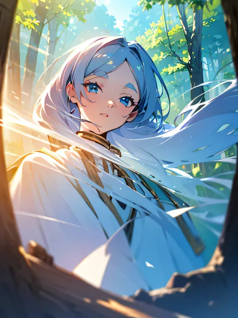 {an extremely delicate and beautiful}, 1girl, frieren, blue eyes, beautiful forest, high res, ultrasharp, 8K, masterpiece, looking at viewer, sunlight on people, soft dreamy, FOV, ultra wide angle, thin lineart
