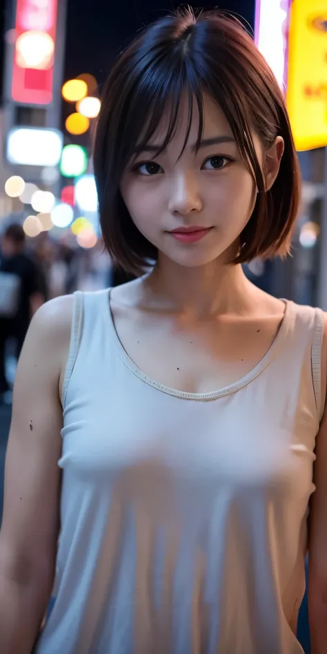 1 girl, tokyo street,night, cityscape,city lights,Upper body,close,smile,, (8k, RAW photo, highest quality, masterpiece:1.2),(realistic, photo-realistic:1.37),