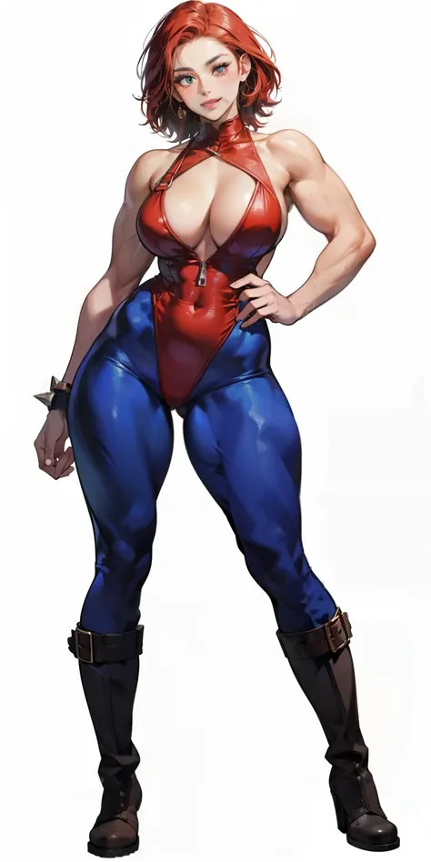 full body standing good face, nice ass, red spiky hair, beautiful woman, wide hips, cleavage, jumpsuit, leotard, heavy boots, apocalypse, muscular, thights, Mature woman, Abs, looks at the viewer, lustful smirking smile face red blush