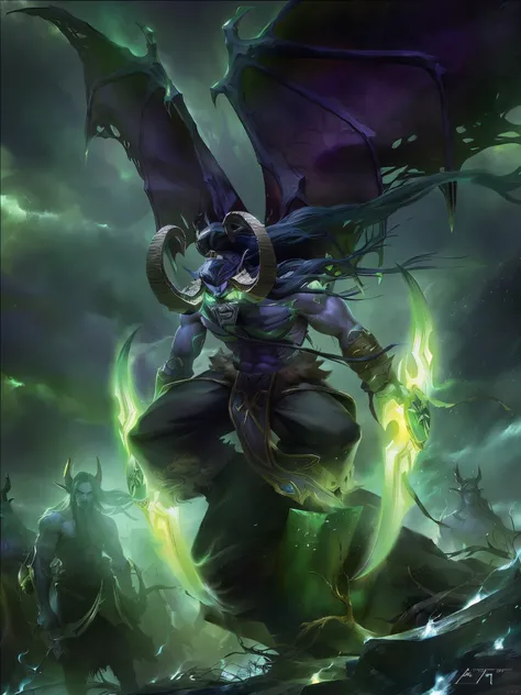 Arafad image of devil holding green light in hand, World of Warcraft Art, World of Warcraft splash art, blizzard warcraft artwork, World of Warcraft Art style, World of Warcraft concept art, author：Yang Jie, warcraft artwork, author：arthur pen, heroes of t...