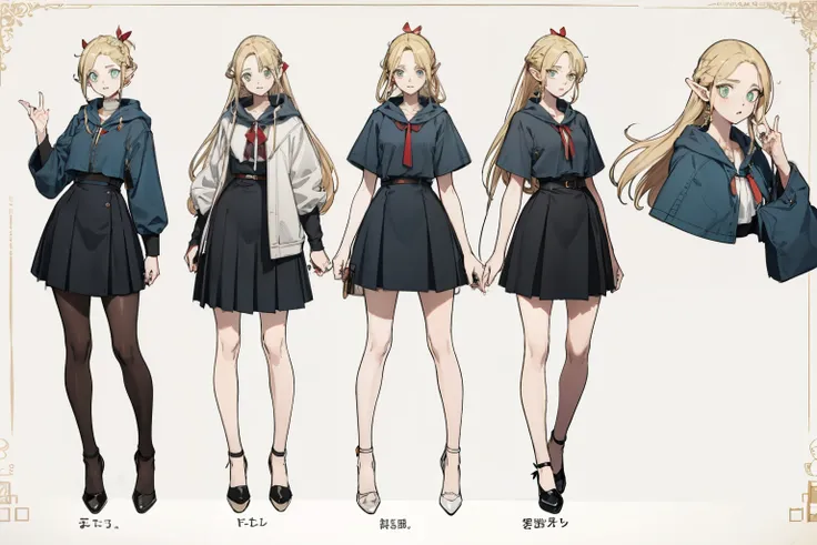 stockings，pantyhose，black skirt，white top，fashionable leather shoes， pop color，（whole body，character design sheet，front，back，side，same characters），long blonde hair，Thick eyebrows, bust and waist，beautiful blonde，（masterpiece），（（highest quality）），（Super det...