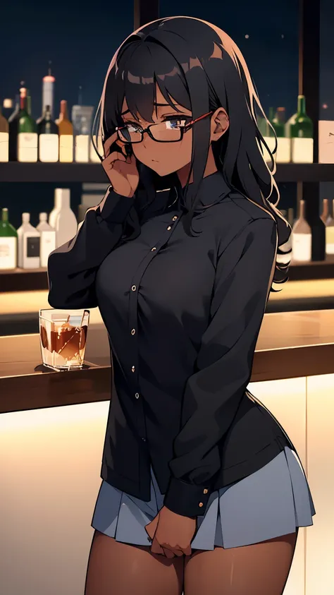 Dark-skinned adult babe, grey eyes, eyeglasses, long curly black hair, cyan long-sleeved unbuttoned blouse, white tight short miniskirt, shy, blushing, crying silently, concerned, standing, looking down at her drink, sideview, in a bar at night