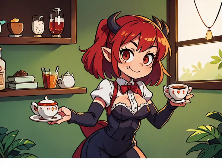 succubus waitress behind a table with tea cups