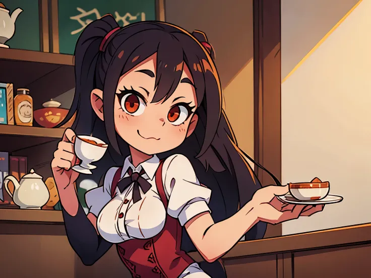 succubus waitress behind a table with tea cups