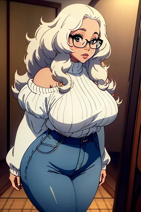 One Women, Albino, chubby-cheeks, pearly curly afro, full lips, hourglass-physique, small-breasts, plump-butt, off the shoulders sweater, skinny jeans,  longest tight pants , glasses , cold vibes, 4k resolution, japanese goddess, voluptuous, looking at vie...