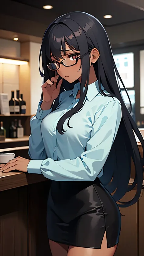 Dark-skinned adult babe, grey eyes, eyeglasses, long curly black hair, long-sleeved unbuttoned cyan blouse, tight short white miniskirt, shy, blushing, crying silently, concerned, standing, looking up, front view, in a bar at night