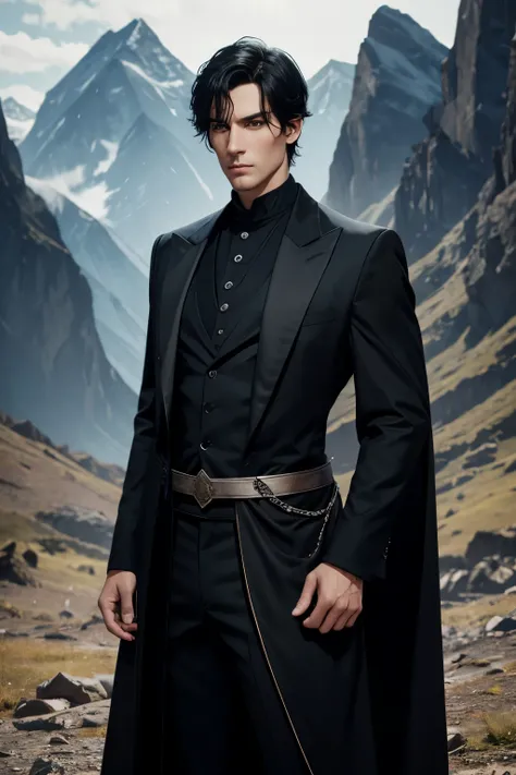 tall man in black costume with black short hair and blue eyes standing near the mountains