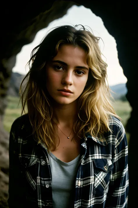 photograph of a woman, (troubled facial expression), textured skin, goosebumps, blonde afro hair, plaid flannel shirt with distressed boyfriend jeans, cowboy shot, dark and mysterious cave with unique rock formations and hidden wonders, perfect eyes, (cand...