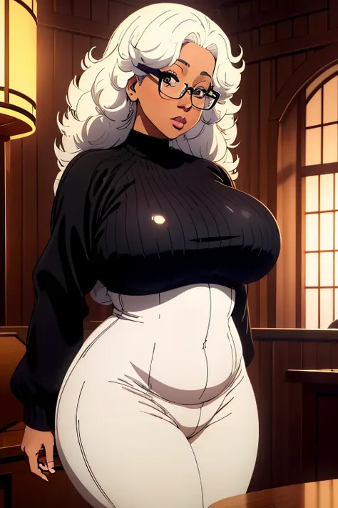 One Women, Albino, chubby-cheeks, pearly curly afro, full lips, small-breasts, plump-butt, off the shoulders sweater, tight leather pants , glasses , cold vibes, 4k resolution, japanese goddess, voluptuous, looking at viewer, dominant