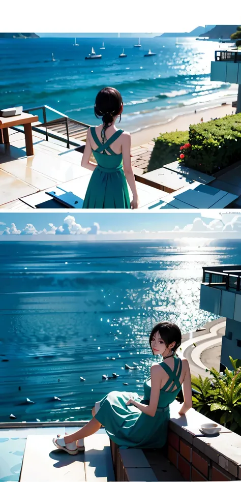 Super high chroma、8k、surreal、Terrace with sea view in the background、person perspective photo、(People dont depict)、