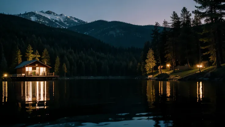 Lake at midnight. Calm. Cozy home and warm