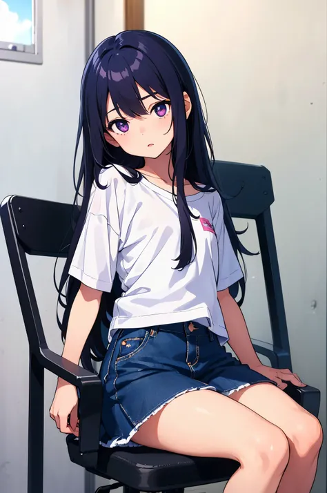 girl&#39;s room　elementary school girl　8-year-old　flat chest　black hair　long hair　eyes are purple　（（1 person））　Upper body white short sleeve T-shirt　Lower body navy blue denim miniskirt　white panties　white socks　sitting in a chair　spread your legs a little...