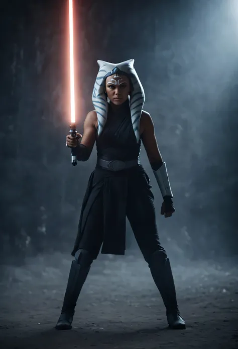 cinematic film still ahsoka tano at kamino holding white lightsabers during lightsaber fight, full body shot . shallow depth of field, vignette, highly detailed, high budget Hollywood movie by christopher mcquarrie, bokeh, cinemascope, moody, epic, gorgeou...
