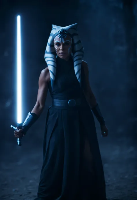 cinematic film still ahsoka tano at kamino holding white lightsabers during lightsaber fight, full body shot . shallow depth of field, vignette, highly detailed, high budget Hollywood movie by christopher mcquarrie, bokeh, cinemascope, moody, epic, gorgeou...