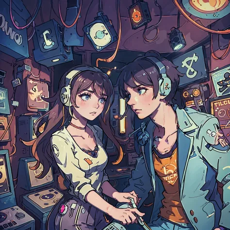 a boy and a girl are listening to music with headphones together in an old vinyl store, a room with a lot of singer poster, 80s ...