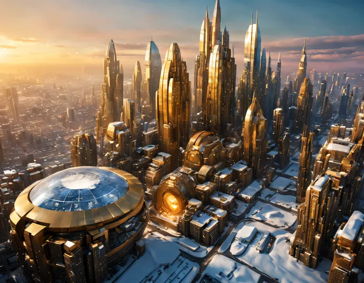 (golden hour lighting),en un hambiente nevado hay una megacity, megalopolis of an imaginary world of science fiction and maximum fantasy, con inmensos edificios ovalados y dodecaedricos agrupados de metal y cristal donde predomina los anuncios luminosos de...