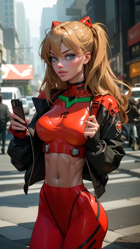 asuka langley evangelion, a stunning woman, (margot robbie face:1.2), confidently using her phone on a vibrant city street in tr...