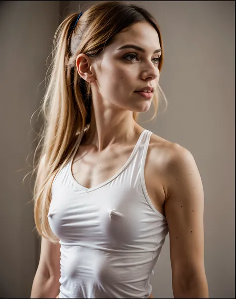 mulher arafida de blusa branca, looking away from the camera,  apta, mulher em forma, rosto e corpo atraentes, Modelo de fitness, ajuste figura delicada, lindo corpo e rosto, Topo branco, peito achatado, corpo em forma, foto adequada, cabelo loiro com rabo...