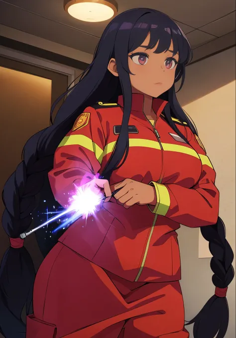 Cute brown skinned firewoman, firewoman outfit, she is at a fire department, she has long black braided hair, she has a glowing purple aura around herself,