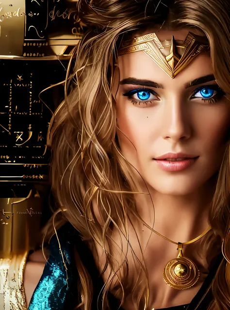 arafed woman with blue eyes and a gold crown on her head, portrait of wonder woman, fantasy woman, beautiful fantasy art portrait, 4k detailed digital art, beautiful digital artwork, hyperrealistic fantasy art, 4k highly detailed digital art, fantasy art p...