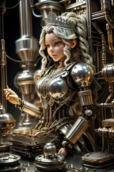 best quality, 32k, RAW photo, incredibly absurdres, extremely detailed, delicate texture, mechanical puppet, beautiful princess, silver braided up hair, tiara, cylinders, pistons, gears, IC chips, printed circuit boards, resistors, capacitors, fantasy, bac...