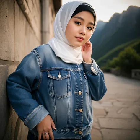 an Indonesian Javanese woman (25 years old, oval and clean face, hijab, fat body, agak gemuk, fat, chubby body, chubby, Indonesian-style skin, wearing a thick winter jacket, jeans) standing posing like a model on the Great Wall of China, photo slightly til...