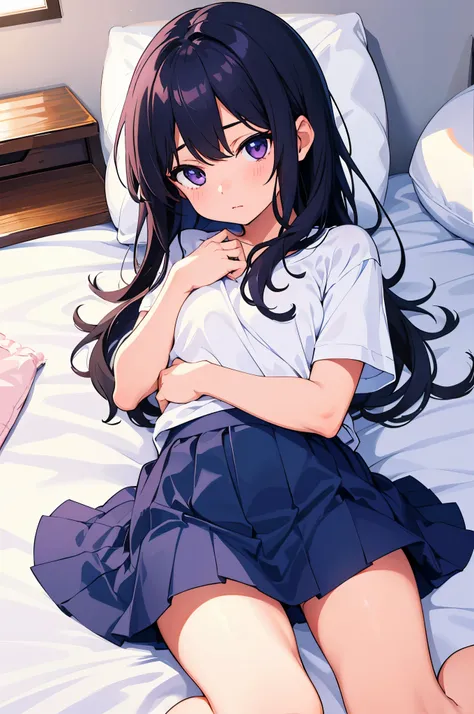 girl&#39;s room　elementary school girl　8-year-old　flat chest　black hair　long hair　eyes are purple　（（1 person））　Upper body white short sleeve T-shirt　Lower body navy blue denim miniskirt　white panties　white socks　lying on the bed　spread your legs a little（（...