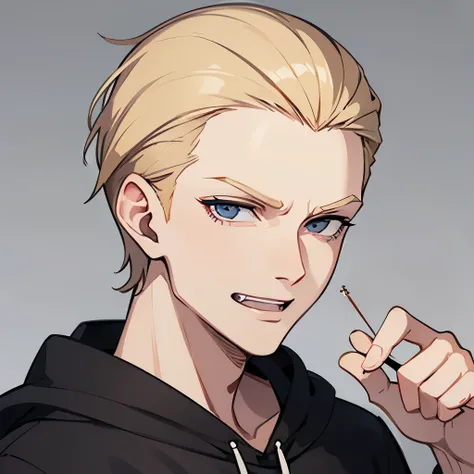 A boy, blonde, grey eyes, pale skin, seductive , smiling, tongue out, hair slicked back, icy eyes, grey hoodie, angry, intimidating, Russian