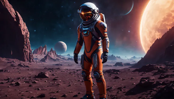 sci-fi space explorer :: sleek spacesuit, holographic interface, alien planet landscape :: lunar dawn :: Epic cinematic brilliant stunning intricate detailed matte painting, deep color, fantastical, intricate detail, splash screen, complementary colors, fa...