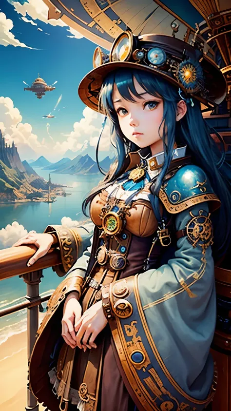 steampunkai。highest quality。masterpiece。detailed details。two beautiful girls。Japanese high school girl in steampunk style。View the sea of clouds from the railing of the sky fortress。aerial perspective。The background is blue sky and white clouds。Looking up ...