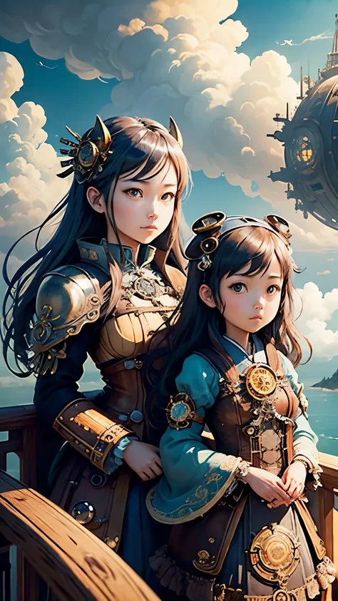 steampunkai。highest quality。masterpiece。detailed details。two beautiful girls。Japanese high school girl in steampunk style。View the sea of clouds from the railing of the sky fortress。aerial perspective。The background is blue sky and white clouds。Looking up ...