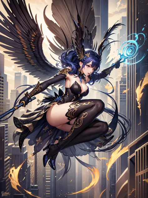 ((highest quality)),(ultra high resolution),(Super detailed),(detailed description),((best CG)),(best work of art),super precision art,amazing drawing art,(Fantasy art with precise details:1.5), (1 woman:1.8), An angel swinging a big ax at the devil, femal...