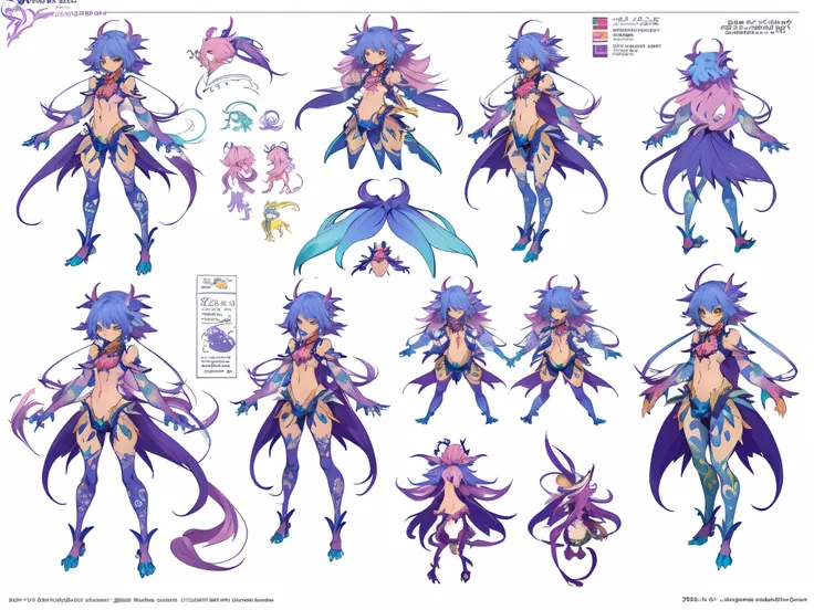 reference sheet, model sheet, character design sheet, colorful, Monster Girl, Detailed character description, k-suwabe-pm, cute but scary, multiple pose, multiple part, detailed, intricate, on white background, extra