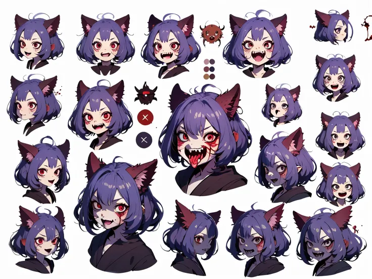 reference sheet, model sheet, character design sheet, colorful, Monster Girl, multiple expression, fangs, blood, Detailed character description, k-suwabe-pm, cute but scary, multiple pose, multiple part, detailed, intricate, on white background, extra