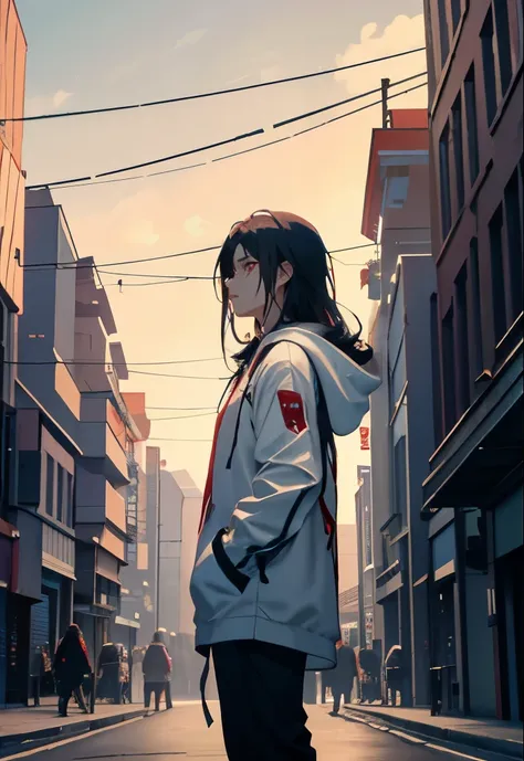 a beautiful boy 、Wearing a hood、I&#39;m walking with my hands in my pockets、wearing a white hoodie、black hair、look up at the distant sky、high resolution、lonely、Kaworu Nagisa、red eyes、alone、solo、I think I&#39;ll lie down as I walk、Big city、The hair in the b...