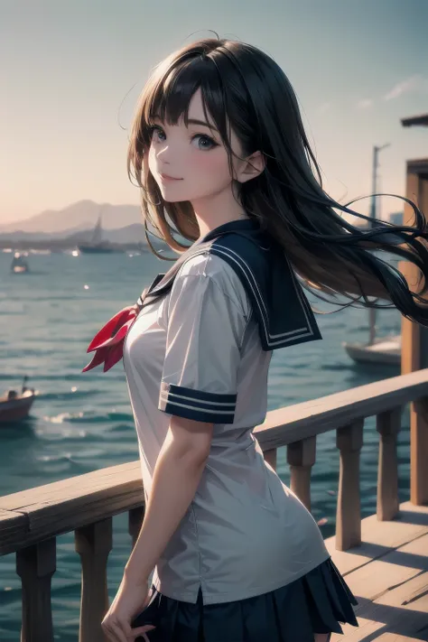 very cute and beautiful school girl viewing sea on hilltop,(highly detailed beautiful face),
(smile),cowboy shot,(sailor school uniform,pleated navy blue mini skirt),black hair,zettai ryouiki,
(looking at sea,from top of hill),many houses with red roof,det...