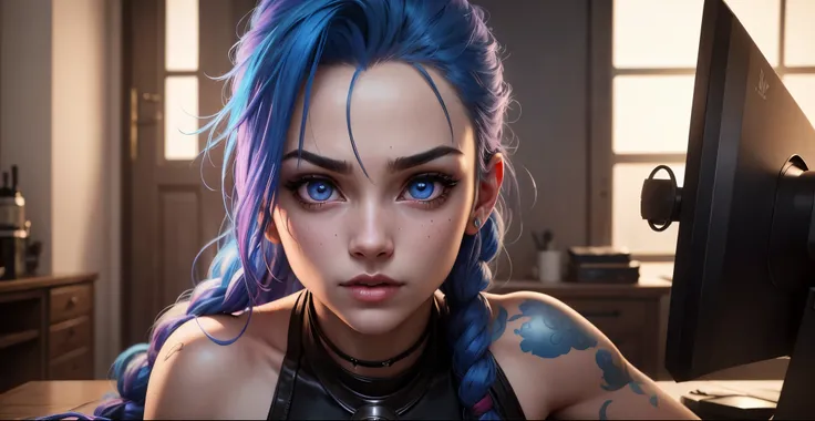 full body,perfect pose, battlefield background, computer wallpaper,Jinx, arcane, crazy, photo,((Best quality)), ((masterpiece)), ((detailed)), (realistic), intricate, 16K, HDR, RTX, super , ultra detailed,realistic shot, high resolution, ultra detailed fac...