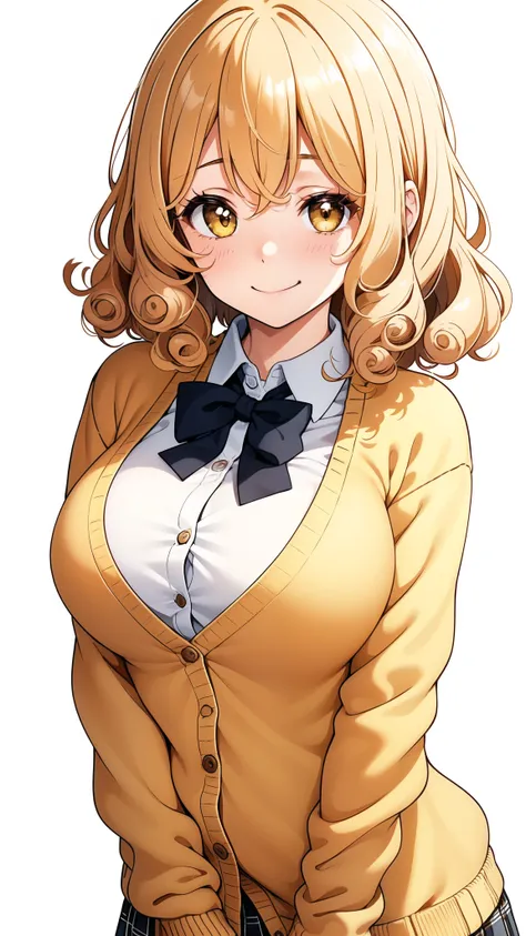 1 girl, alone, Upper body, smaller breasts, uniform, Wearing a yellow cardigan, cream hair, curly hair brown eyes, long eyelashes, thick eyelashes, looking at the viewer, gentle smile, white shirt, white background, simple background