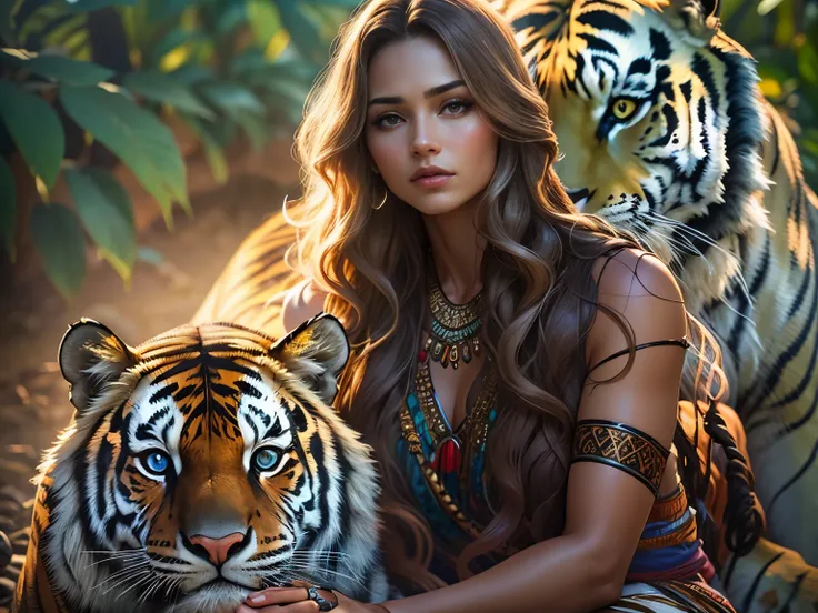 photorealistic, high resolution, close-up, 1 beautiful woman, long wavy hair, wearing tribal apparel, sitting on the stone throne, 1 tiger laying down at her feet, soft volumetric light, (backlit:1.3), (motion picture:1.2), intricate detailed, dramatic, ch...