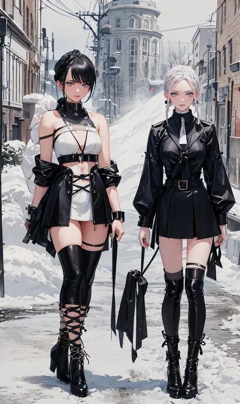  winter industrial town background,(white and black short hair：2.0),(tied up hair:2.0)issue card,Crystal earrings,Full body standing close-up,dream world,There are scars on the face,(Slender blue phoenix eyes,pink lipstick,long eyelashes),Gloves,Short swor...